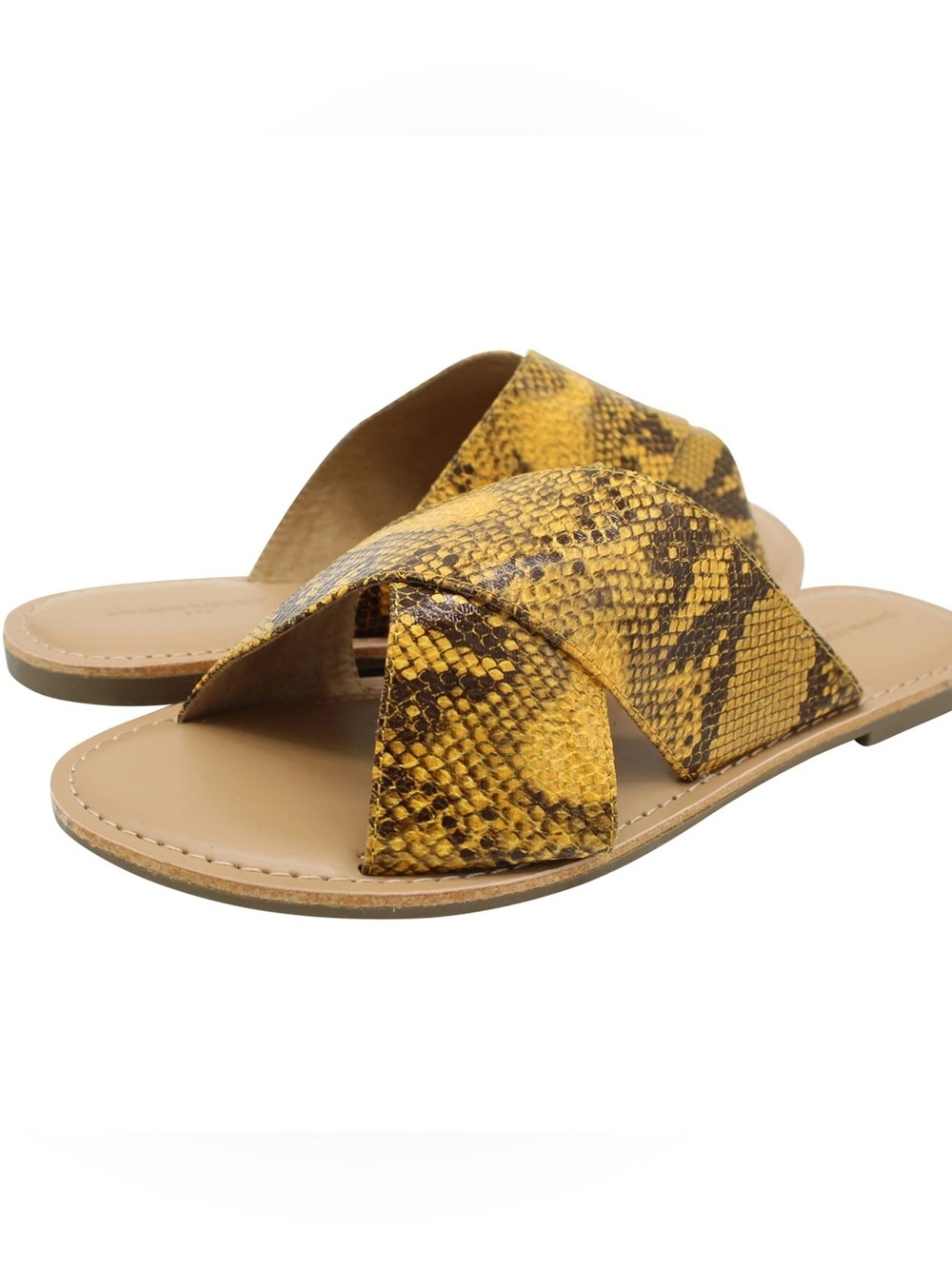 Banana Republic Snake Print Sandals Size 7 Yellow Brown Criss Cross Flat Slide N